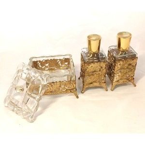 Ormolu Vanity Set 3pc Perfume Bottles Jewelry Box 1950's Filigree gold tone vtg